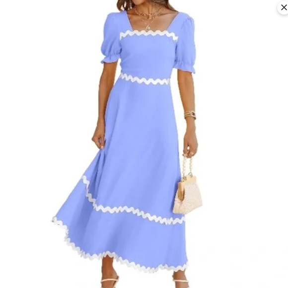 NWT Blue Flowy Maxi Dress w/ White Ric Rac Tie Back Smocked Puff Sleeves Size S - Picture 5 of 8